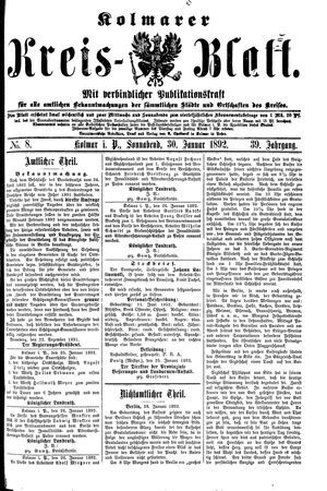 Kolmarer Kreisblatt vom 30.01.1892