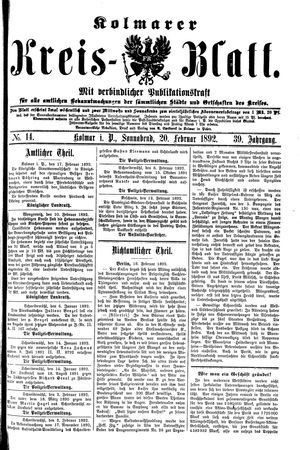 Kolmarer Kreisblatt vom 20.02.1892