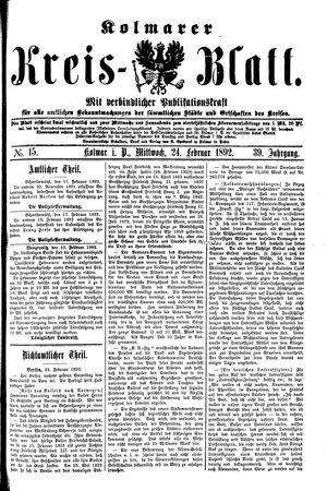 Kolmarer Kreisblatt vom 24.02.1892