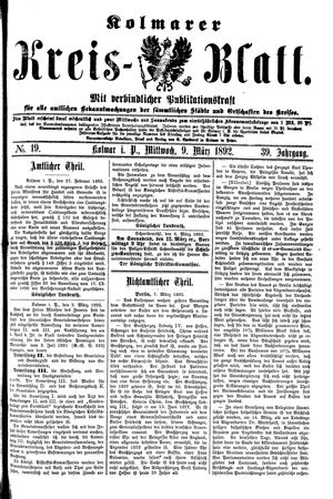 Kolmarer Kreisblatt vom 09.03.1892