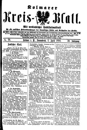 Kolmarer Kreisblatt vom 02.04.1892