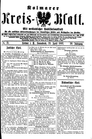 Kolmarer Kreisblatt vom 23.04.1892