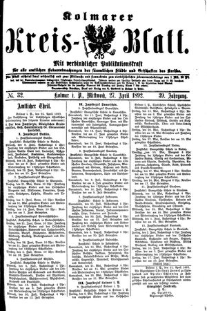 Kolmarer Kreisblatt vom 27.04.1892