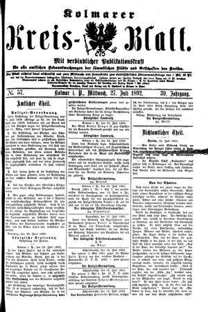 Kolmarer Kreisblatt vom 27.07.1892