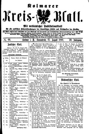 Kolmarer Kreisblatt vom 27.08.1892
