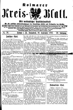 Kolmarer Kreisblatt vom 10.09.1892