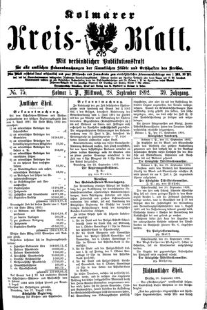 Kolmarer Kreisblatt vom 28.09.1892