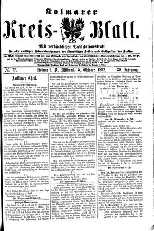 Kolmarer Kreisblatt vom 05.10.1892