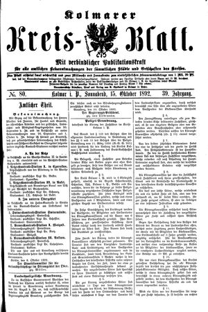 Kolmarer Kreisblatt vom 15.10.1892