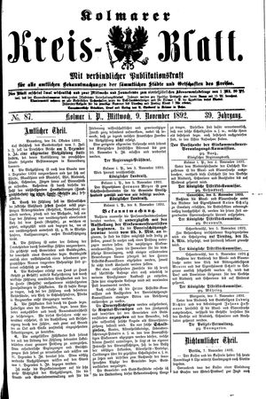 Kolmarer Kreisblatt vom 09.11.1892