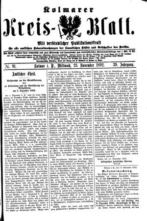 Kolmarer Kreisblatt vom 23.11.1892