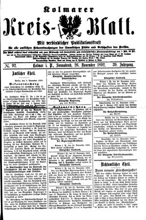 Kolmarer Kreisblatt vom 26.11.1892