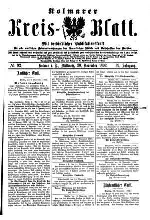 Kolmarer Kreisblatt vom 30.11.1892