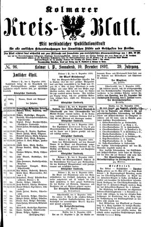 Kolmarer Kreisblatt vom 10.12.1892