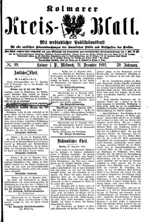 Kolmarer Kreisblatt vom 21.12.1892