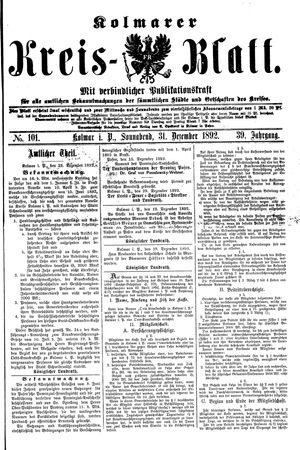 Kolmarer Kreisblatt vom 31.12.1892