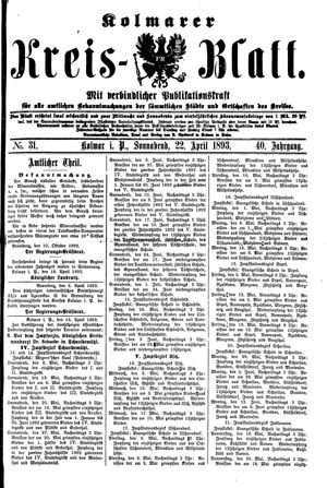 Kolmarer Kreisblatt vom 22.04.1893