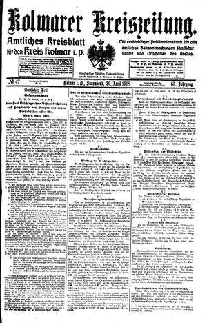 Kolmarer Kreiszeitung vom 20.04.1918