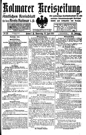 Kolmarer Kreiszeitung vom 25.04.1918