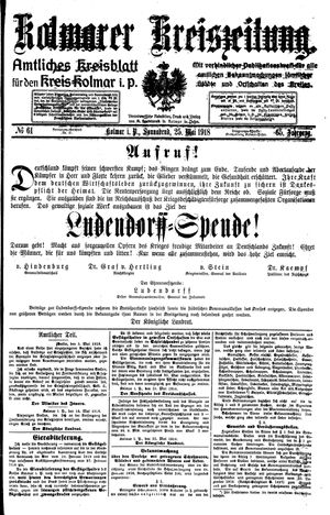 Kolmarer Kreiszeitung on May 25, 1918