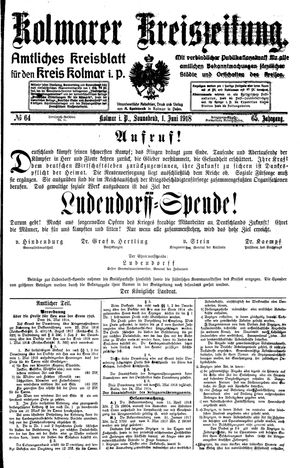 Kolmarer Kreiszeitung vom 01.06.1918