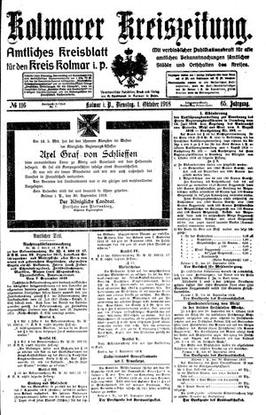 Kolmarer Kreiszeitung vom 01.10.1918