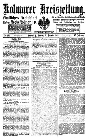 Kolmarer Kreiszeitung vom 31.12.1918