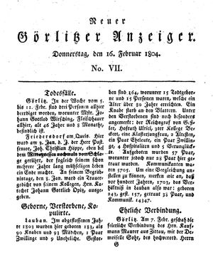 Neuer Görlitzer Anzeiger vom 16.02.1804