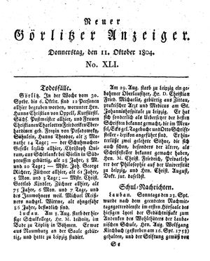 Neuer Görlitzer Anzeiger vom 11.10.1804
