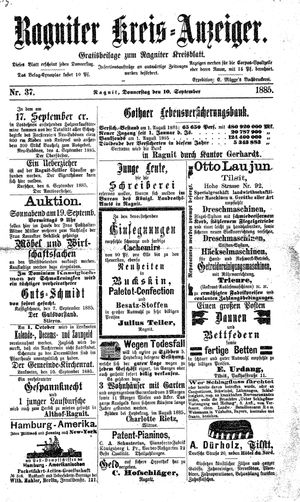 Ragniter Kreis-Anzeiger vom 10.09.1885