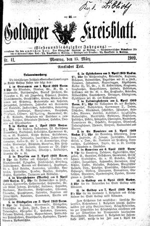 Goldaper Kreisblatt vom 15.03.1909