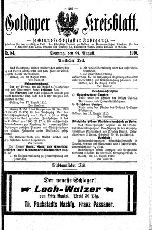 Goldaper Kreisblatt vom 21.08.1910