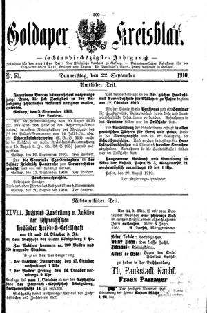 Goldaper Kreisblatt vom 22.09.1910