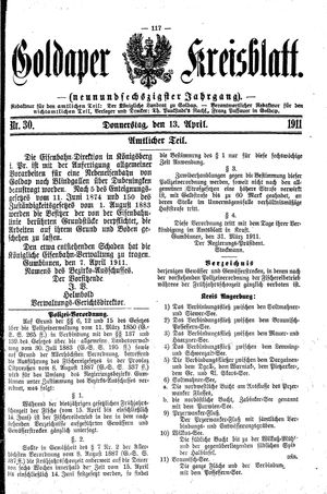 Goldaper Kreisblatt on Apr 13, 1911