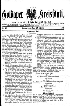 Goldaper Kreisblatt vom 27.04.1911