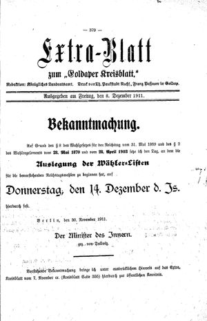 Goldaper Kreisblatt vom 08.12.1911