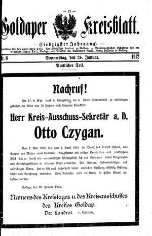 Goldaper Kreisblatt vom 25.01.1912