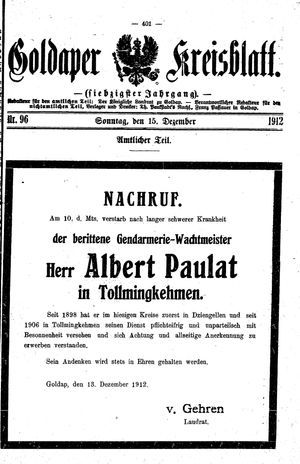Goldaper Kreisblatt vom 15.12.1912