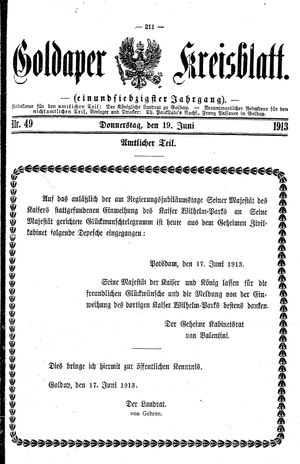 Goldaper Kreisblatt vom 19.06.1913