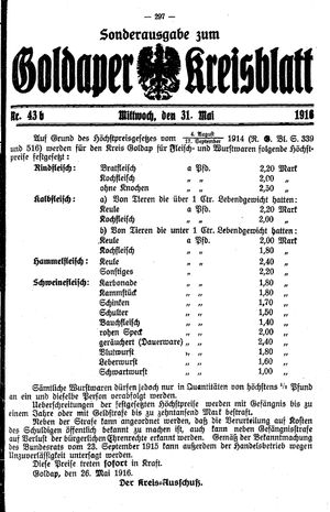 Goldaper Kreisblatt vom 31.05.1916