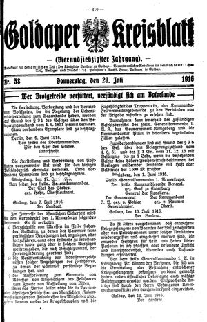Goldaper Kreisblatt vom 20.07.1916