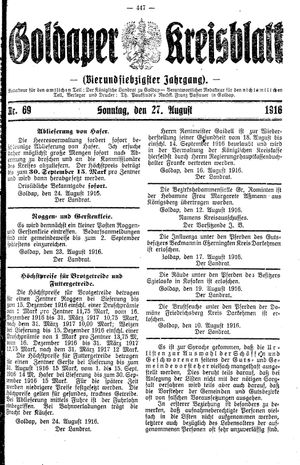 Goldaper Kreisblatt vom 27.08.1916