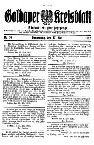 Goldaper Kreisblatt vom 17.05.1917