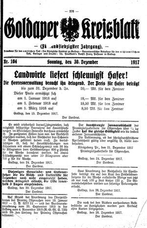 Goldaper Kreisblatt vom 30.12.1917