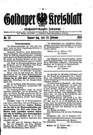 Goldaper Kreisblatt vom 14.02.1918