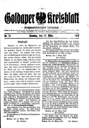 Goldaper Kreisblatt vom 17.03.1918