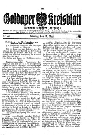 Goldaper Kreisblatt vom 21.04.1918