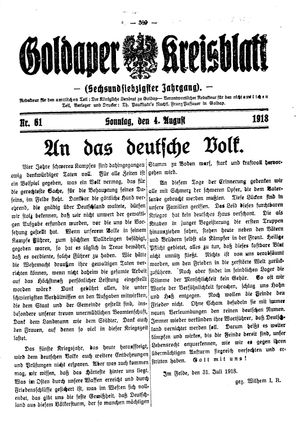 Goldaper Kreisblatt vom 04.08.1918