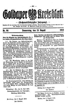 Goldaper Kreisblatt vom 15.08.1918