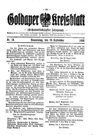 Goldaper Kreisblatt vom 19.09.1918